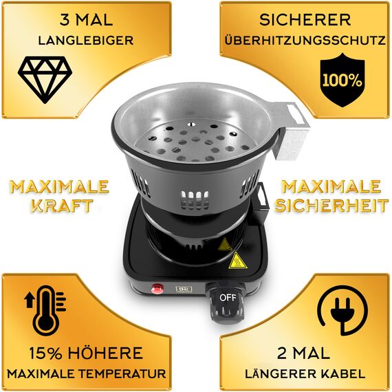 M. ROSENFELD Shisha Kohleanzünder Elektrisch – FIRE Tower 3.0 Kohlenanzünder mit extra langem 150cm Kabel, abnehmbarem Kohlekorb und 2 Zangen. 304er Stahl Spirale für längere Haltbarkeit (Schwarz)