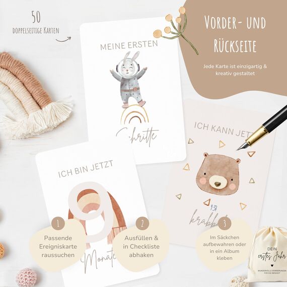 MeinBaby123® Meilensteinkarten "Dein erstes Jahr" | Meilenstein Karten Set Geschenk zur Geburt | Fotokarten für das erste Jahr | 50 Karten Inkl. Baumwollsäckchen (beige Boho)