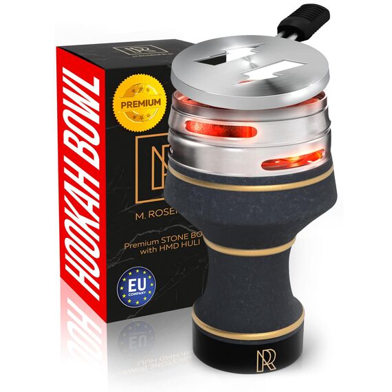 Hookah Bowl Set Premium Stone Black Bowl - Shisha Bowl mit Abdeckung Wärmemanagement Kohlehalter - Luxus Classic Hookah Bowls für Hookah Rauchen, Keramik Hookah Kopf mit HMD
