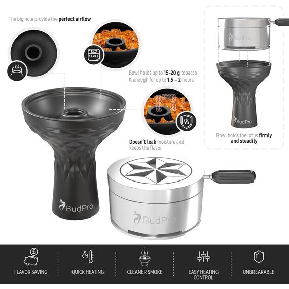 BudPro Hookah Silikon Bowl mit ProH3 Shisha Heat Management Kohlehalter Bundle