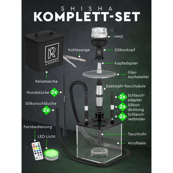 M. ROSENFELD Shisha Set Komplett To Go mit Tasche & Premium Zubehör – Kopf Set mit HMD, Mundstück, Aluminium Tauchrohr, Diffusor & Acryl Bowl Schwarz