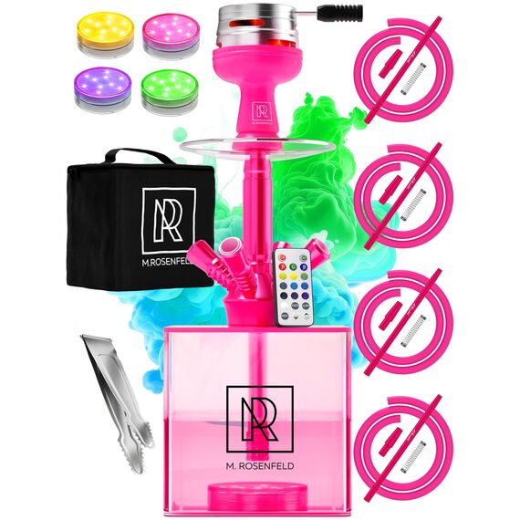 M. ROSENFELD Shisha Set Komplett To Go mit Tasche & Premium Zubehör – Kopf Set mit HMD, Mundstück, Aluminium Tauchroh, Diffusor & Acryl Bowl Rosa