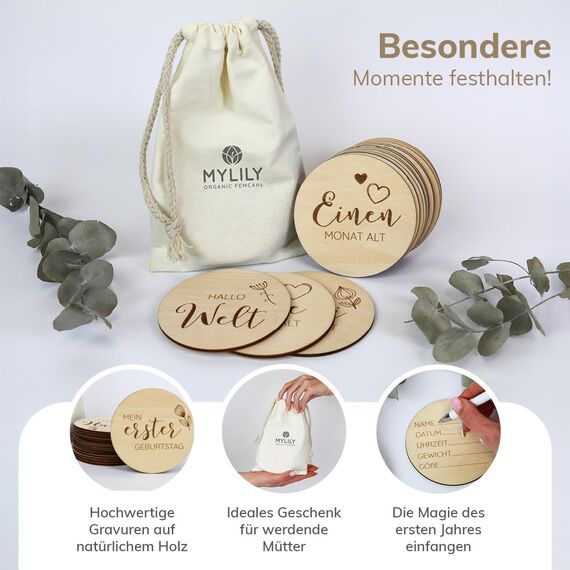 MYLILY 30 Baby Meilensteinkarten aus Holz | Meilensteinkarten Baby | Monatskarten Baby 1-12 Monate | Meilensteine Baby Holz | Baby Karten Meilensteine | Zauberhafte Erinnerungen | Geschenk für Mamas