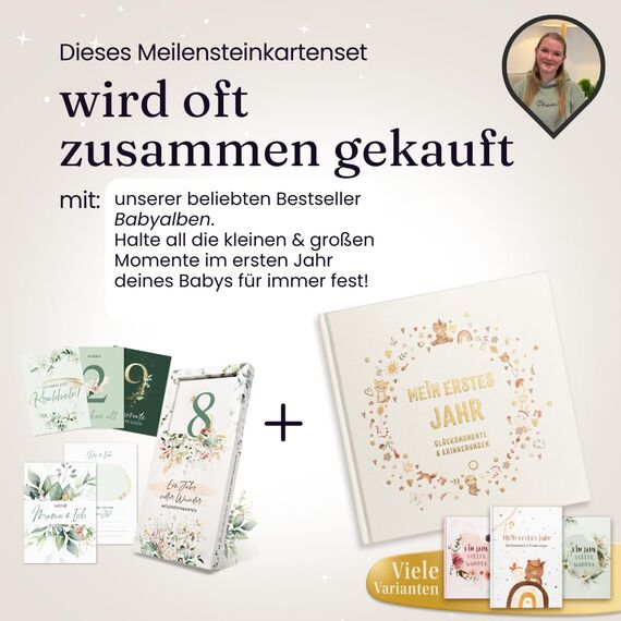 EULENTALER® Monatskarten Baby 1-12 Monate I Von Pädagogen gestaltet I Meilensteinkarten "Mein erstes Jahr" Set als Geschenk zur Geburt & Babyparty I 48 Karten Inkl. Geschenkbox für Jungen & Mädchen