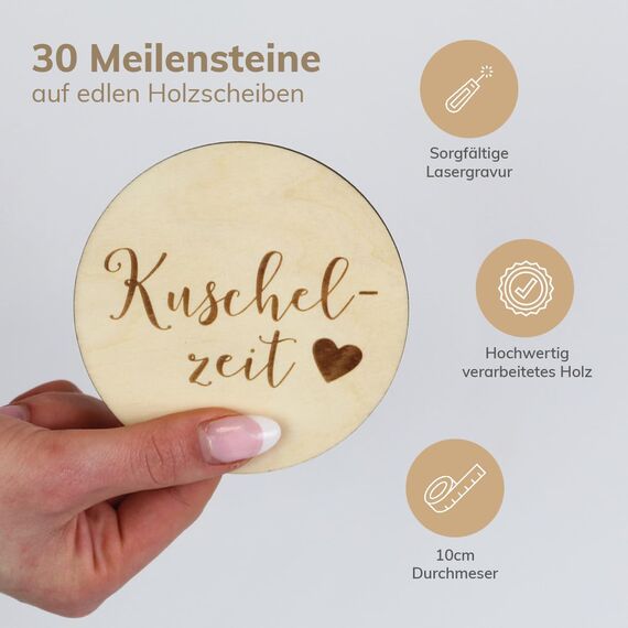 MYLILY 30 Baby Meilensteinkarten aus Holz | Meilensteinkarten Baby | Monatskarten Baby 1-12 Monate | Meilensteine Baby Holz | Baby Karten Meilensteine | Zauberhafte Erinnerungen | Geschenk für Mamas