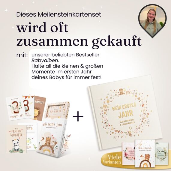 EULENTALER® Meilensteinkarten Baby I Das Original I Von Pädagogen gestaltet I Mit handgemalten Boho Illustrationen I Monatskarten mit beschreibaren Rückseiten I 48 Karten mit Box "Mein erstes Jahr"