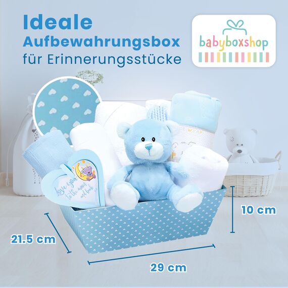 Baby Box Shop – 14 Babygeschenke zur Geburt Junge, ideal für Babypartys, Geschenke für Babypartys, mit neuen Baby-Essentials für Neugeborene Jungen und einem blauen Plüsch-Teddybären