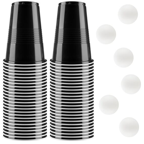 Bierpong Becher Set, Beer Pong Becher Enthält 6 Tischtennisbälle und 50 Becher, 500ML Beerpongbecher, Wiederverwendbare Partybecher für Weihnachten Party Geburtstag Festivals Hochzeit Camping(Schwarz