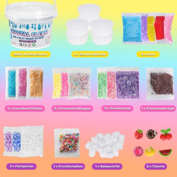 Thedttoy Crystal Slime Set, 500 ml DIY Clear Schleim Kinder Set mit 26 Add-Ins, Schleim Selber Machen Set, Sensorisches Slime Spielzeug Geschenk für Kinderparty, Geburtstag, Ostern, Neujahr
