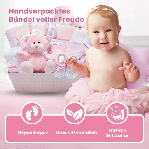 Baby Box Shop – 14 Baby Geschenk Mädchen, Babyparty Mädchen, mit neuen Baby-Essentials für Neugeborene Baby Mädchen und einem rosa Plüsch-Teddybären