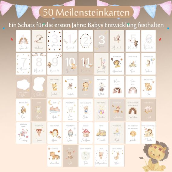 Giftota Meilensteinkarten Baby - 50 Meilensteinkarten inkl. Kartenständer aus Holz - Baby Geschenk für Junge und Mädchen - Boho Stil Meilensteinkarten