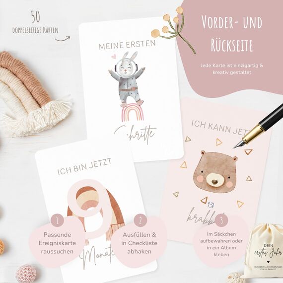 MeinBaby123® Meilensteinkarten "Dein erstes Jahr" | Meilenstein Karten Set Geschenk zur Geburt | Fotokarten für das erste Jahr | 50 Karten Inkl. Baumwollsäckchen (rosa)