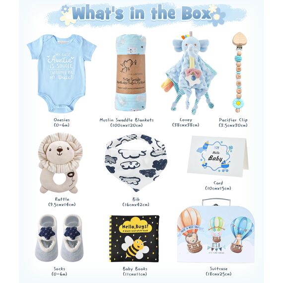 Baby Geschenk Jungen Mädchen Neugeborenen Geschenke zur Geburt mit Schmusetuch/Baby Strampler/Socken/Musselin Decke/Rassel Windeltorte Geschenkbox Baby Shower Party Gender Reveal Geschenk (Blau)