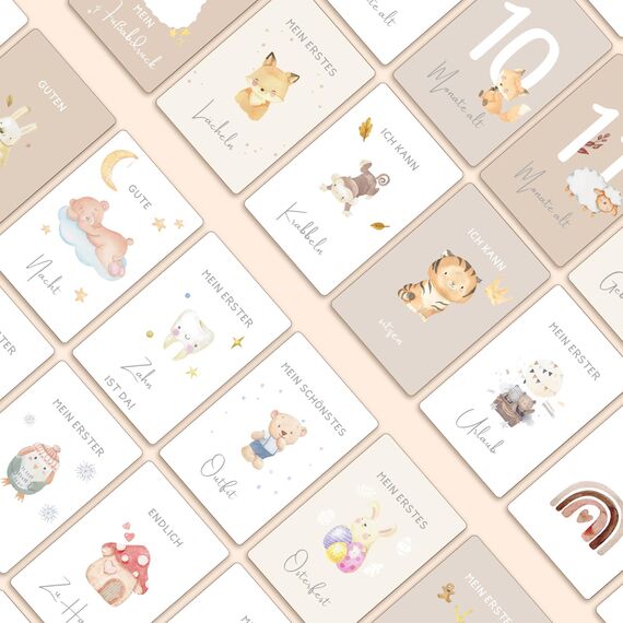 Giftota Meilensteinkarten Baby - 50 Meilensteinkarten inkl. Kartenständer aus Holz - Baby Geschenk für Junge und Mädchen - Boho Stil Meilensteinkarten