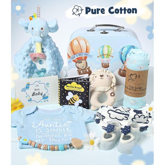 Baby Geschenk Jungen Mädchen Neugeborenen Geschenke zur Geburt mit Schmusetuch/Baby Strampler/Socken/Musselin Decke/Rassel Windeltorte Geschenkbox Baby Shower Party Gender Reveal Geschenk (Blau)
