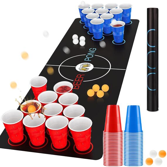 Bierpong Becher Set, Trinkspiel Tisch Matte Set, Beerpong Partybecher Enthält 32 Becher (500ML) +8 Tischtennisbälle+Tischmatte, Wiederverwendbare, Für Party Trinkspiele Camping Geburtstag Hochzeit