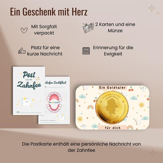 MilaBoo® Zahnfee Geschenk Kinder I Goldene Glücksmünze mit Urkunde & Zahnzertifikat I Geschenkset für Mädchen & Jungen zur Zahnübergabe (Zahnfee Glücksmünze)