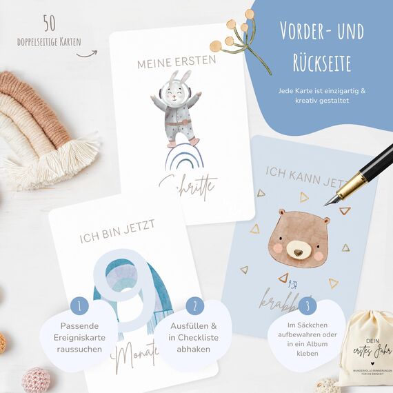 MeinBaby123® Meilensteinkarten "Dein erstes Jahr" | Meilenstein Karten Set Geschenk zur Geburt | Fotokarten für das erste Jahr | 50 Karten Inkl. Baumwollsäckchen (blau)
