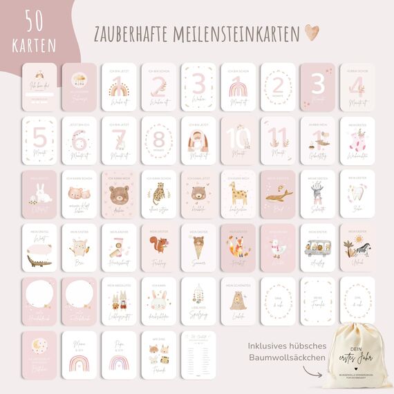 MeinBaby123® Meilensteinkarten "Dein erstes Jahr" | Meilenstein Karten Set Geschenk zur Geburt | Fotokarten für das erste Jahr | 50 Karten Inkl. Baumwollsäckchen (rosa)