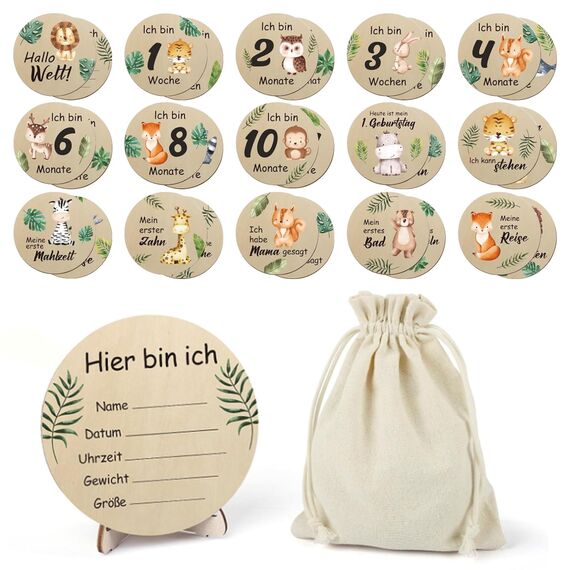 Holz Meilensteinkarten Baby,15 Meilensteine auf edlen Holzscheiben, Meilensteinkarten Schwangerschaft, Meilensteinkarten Baby Holz mit farbigen Tierchen bedruckt,Geschenkideen für werdende Mütter