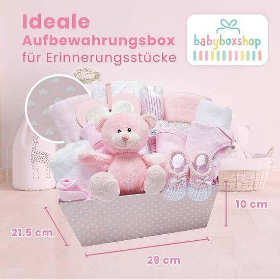 Baby Box Shop – 14 Baby Geschenk Mädchen, Babyparty Mädchen, mit neuen Baby-Essentials für Neugeborene Baby Mädchen und einem rosa Plüsch-Teddybären