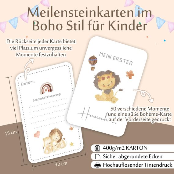 Giftota Meilensteinkarten Baby - 50 Meilensteinkarten inkl. Kartenständer aus Holz - Baby Geschenk für Junge und Mädchen - Boho Stil Meilensteinkarten