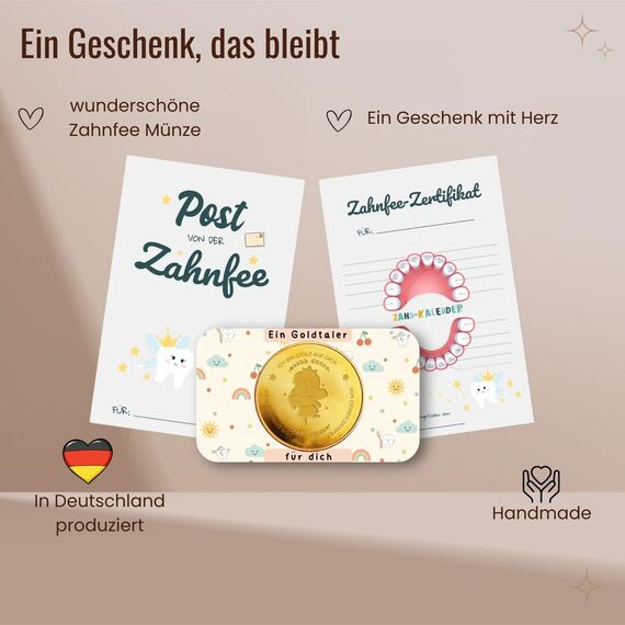 MilaBoo® Zahnfee Geschenk Kinder I Goldene Glücksmünze mit Urkunde & Zahnzertifikat I Geschenkset für Mädchen & Jungen zur Zahnübergabe (Zahnfee Glücksmünze)