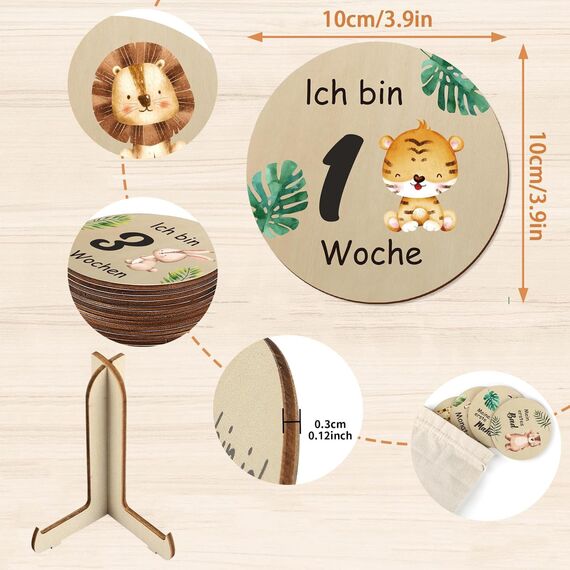 Holz Meilensteinkarten Baby,15 Meilensteine auf edlen Holzscheiben, Meilensteinkarten Schwangerschaft, Meilensteinkarten Baby Holz mit farbigen Tierchen bedruckt,Geschenkideen für werdende Mütter