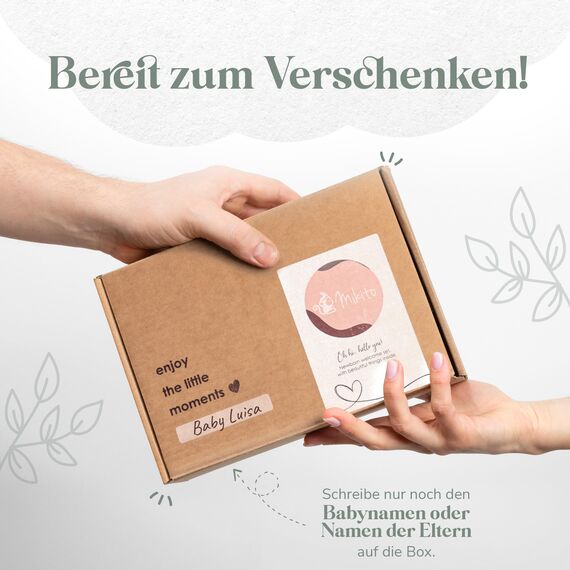 Mikito Baby Geschenk Junge & Mädchen/Neugeborenen Geschenk mit Musselin Schnuffeltuch + Beißring + Lätzchen + Baby Holzschild/Geschenk zur Geburt