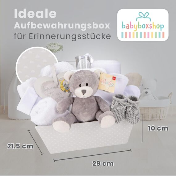 Baby Box Shop – 14 Babygeschenke, ideal für Babypartygeschenke, Unisex-Babygeschenke, mit neuen Babyartikeln für Neugeborene und einem grauen Plüsch-Teddybären