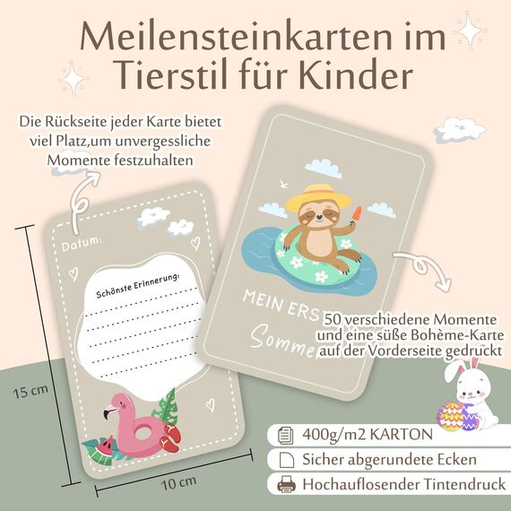 Giftota Meilensteinkarten Baby - 50 Karten (verschiedenen Rückseiten) inkl. Kartenständer aus Holz - Baby Geschenk für Junge und Mädchen - Niedliche Tiere Stil Meilensteinkarte