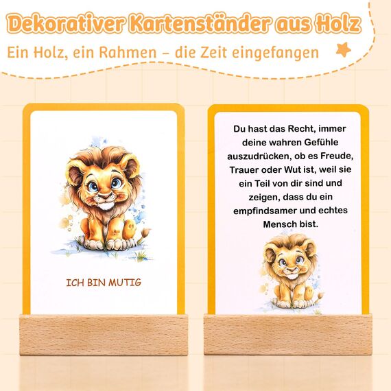 Giftota Affirmationskarten für Kinder - 48 Affirmationskarten inkl. Kartenständer aus Holz - Positive Positive Affirmationen für für Selbstbewusstsein, Mut und Lebensfreude - Süße Tier Stil