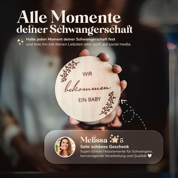 Holz Meilensteinkarten Schwangerschaft auf deutsch - 30 Meilensteine auf edlen Holzscheiben als Geschenk für Schwangere, werdende Mütter, werdende Eltern. Schwangerschaft verkünden, Momente teilen.
