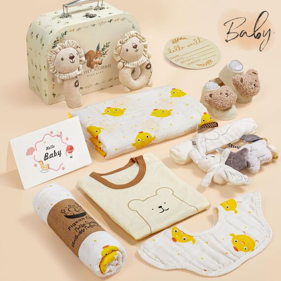 vamei Baby Geschenk Jungen, Neugeborenen Geschenk Babygeschenke zur Geburt Junge Mädchen mit Baby Strampler Badetücher Lätzchen Socken Rassel Erinnerungsbox Grußkarten Baby Shower Party