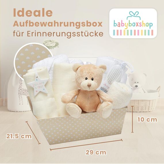 Neutrales Baby-Geschenkkorb – mit Fleece-Wickeltuch, Kapuzenhandtuch, Babykleidung, 2 Mulltücher und süßem braunen Teddybär