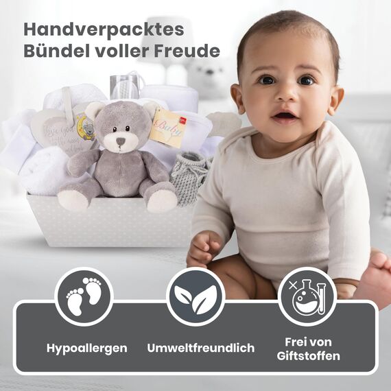 Baby Box Shop – 14 Babygeschenke, ideal für Babypartygeschenke, Unisex-Babygeschenke, mit neuen Babyartikeln für Neugeborene und einem grauen Plüsch-Teddybären