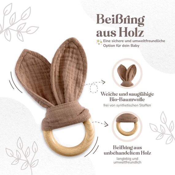 MikitoBaby Musselin Schnuffeltuch + Beißring + Lätzchen + Holzschild | Neugeborenen Geschenk Set