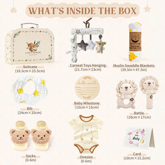 vamei Baby Geschenk Jungen, Neugeborenen Geschenk Babygeschenke zur Geburt Junge Mädchen mit Baby Strampler Badetücher Lätzchen Socken Rassel Erinnerungsbox Grußkarten Baby Shower Party