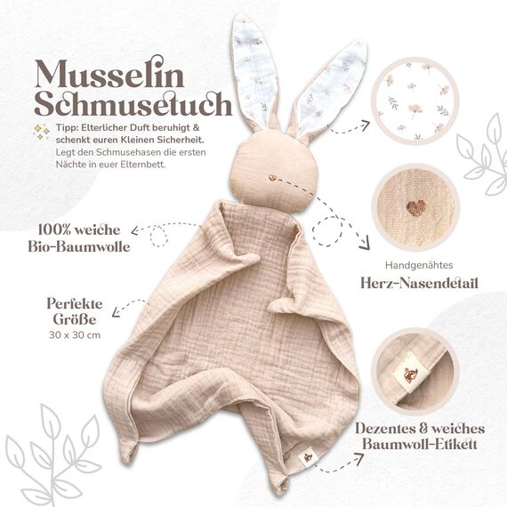Mikito Baby Geschenk Junge & Mädchen/Neugeborenen Geschenk mit Musselin Schnuffeltuch + Beißring + Lätzchen + Baby Holzschild/Geschenk zur Geburt