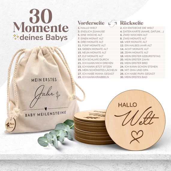 Holz Meilensteinkarten Baby auf deutsch - 30 Meilensteine auf edlen Holzscheiben als Geschenk zur Geburt/zur Babyparty für Schwangere, werdende Mütter, werdende Eltern. (Packung mit 2)