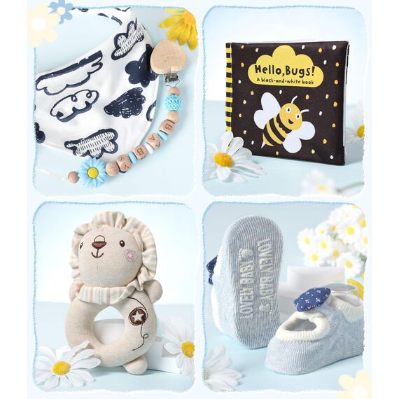 Baby Geschenk Jungen Mädchen Neugeborenen Geschenke zur Geburt mit Schmusetuch/Baby Strampler/Socken/Musselin Decke/Rassel Windeltorte Geschenkbox Baby Shower Party Gender Reveal Geschenk (Blau)