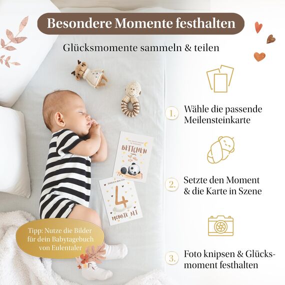 EULENTALER® Meilensteinkarten Baby I Das Original I Von Pädagogen gestaltet I Mit handgemalten Boho Illustrationen I Monatskarten mit beschreibaren Rückseiten I 48 Karten mit Box "Mein erstes Jahr"
