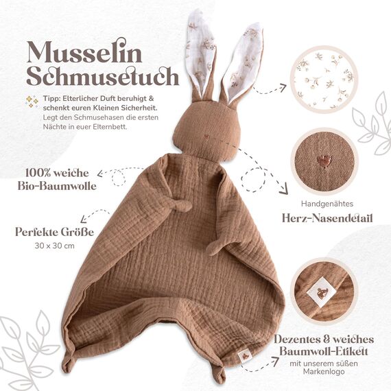 MikitoBaby Musselin Schnuffeltuch + Beißring + Lätzchen + Holzschild | Neugeborenen Geschenk Set