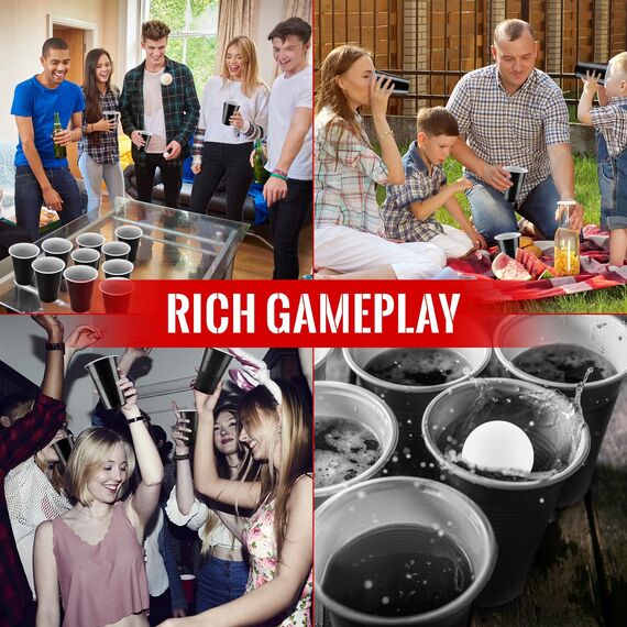 Bierpong Becher Set, Beer Pong Becher Enthält 6 Tischtennisbälle und 50 Becher, 500ML Beerpongbecher, Wiederverwendbare Partybecher für Weihnachten Party Geburtstag Festivals Hochzeit Camping(Schwarz