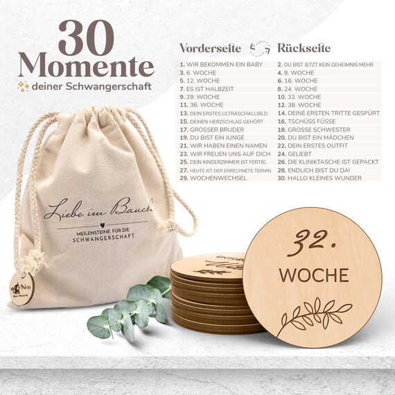 Holz Meilensteinkarten Schwangerschaft auf deutsch - 30 Meilensteine auf edlen Holzscheiben als Geschenk für Schwangere, werdende Mütter, werdende Eltern. Schwangerschaft verkünden, Momente teilen.