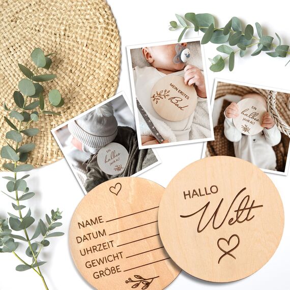 Holz Meilensteinkarten Baby auf deutsch - 30 Meilensteine auf edlen Holzscheiben als Geschenk zur Geburt/zur Babyparty für Schwangere, werdende Mütter, werdende Eltern. (Packung mit 2)