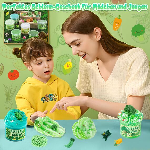 LAWOHO 6 Stück Farbverlauf Grünem Slime Set enthält Fluffy Cloud Wolkenschleim, Clear Slime & Butter Schleim, Schleim Kinder Party Geschenk, Geburtstag Weihnachten Geschenk für Mädchen, Jungen(Gemüse)