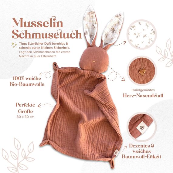 Mikito Baby Geschenk Set für Junge & Mädchen - Musselin Schnuffeltuch, Beißring, Lätzchen, Baby Holzschild - Zur Geburt