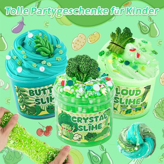 LAWOHO 6 Stück Farbverlauf Grünem Slime Set enthält Fluffy Cloud Wolkenschleim, Clear Slime & Butter Schleim, Schleim Kinder Party Geschenk, Geburtstag Weihnachten Geschenk für Mädchen, Jungen(Gemüse)