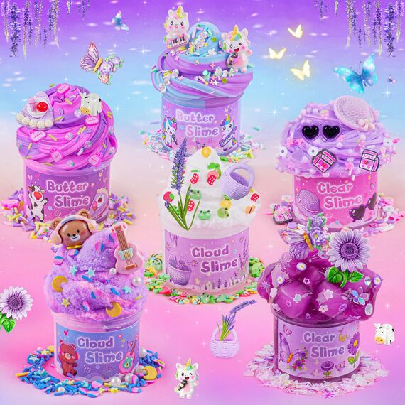 LAWOHO 6 Stück Lavendel Lila Slime Set - Fluffy Cloud Wolkenschleim, Clear Slime & Butter Schleim für Kinder, Mitgebsel Kindergeburtstag Schleim, Halloween Weihnachten Geschenk für Mädchen, Jungen